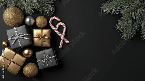 Obraz Festive Christmas Ornament Arrangement with Gold Silver and White Decorations on Black Background