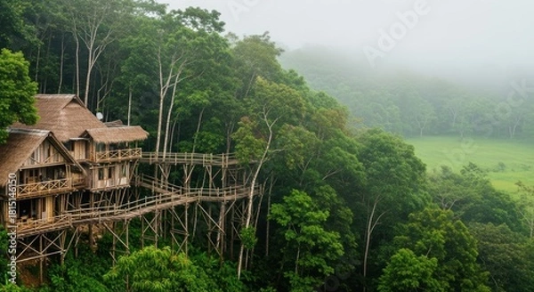 Obraz Eco-friendly Treehouse Hotel Surrounded by Lush Green Forest Canopy
