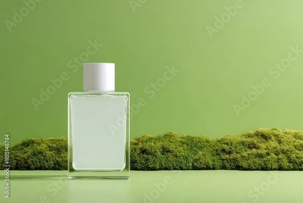 Obraz Transparent Perfume Bottle Displayed On Moss Against A Green Backdrop With Soft Lighting