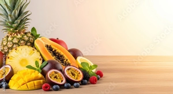Obraz Exotic fruit medley composition on a rustic wooden surface, healthy eating concept
