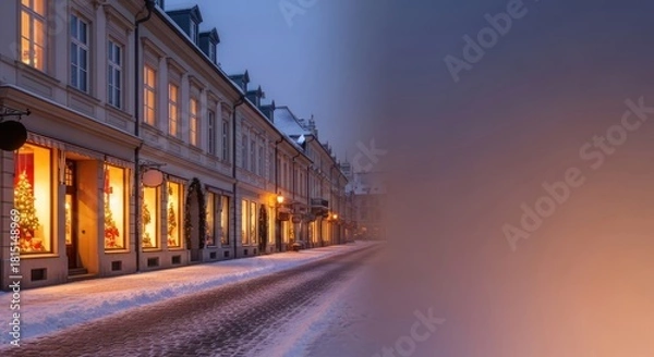 Obraz Enchanting Winter Streetscape with Festive Christmas Shop Displays at Dusk