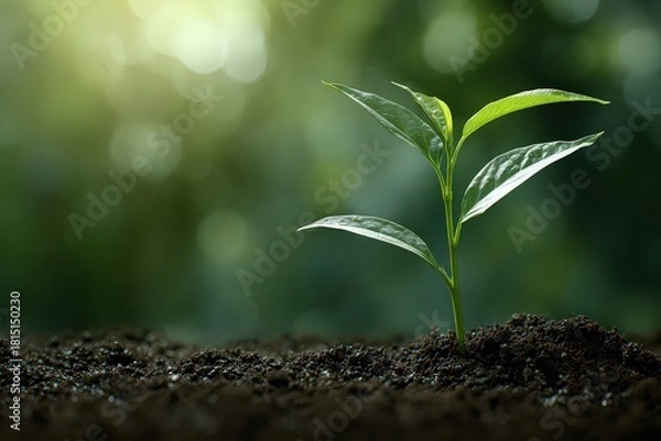 Obraz Young Green Sprout Emerging From Dark Soil Under Sunlight in a Forest