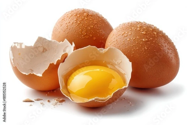Fototapeta Close Up of Three Brown Eggs One Broken Open Revealing Yolk on White Background in Studio Lighting Still Life