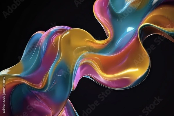 Obraz Abstract Swirling Fluid Form Against Black Background Showing Vibrant Colors and Reflective Surfaces
