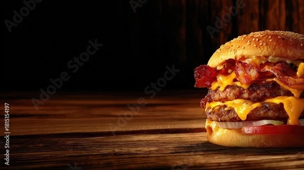 Obraz Delicious Double Cheeseburger with Bacon on Wooden Surface in Dark Setting