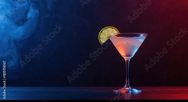 Obraz Martini cocktail with lime garnish, against a smoke-filled, moody backdrop