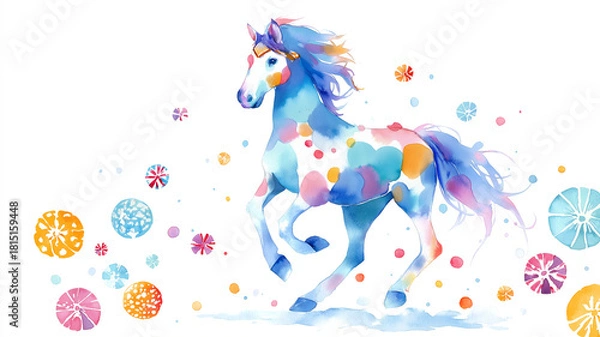 Obraz 駿馬と和柄が描き出す、新春の彩りと祝福を伝える年賀用ビジュアル。干支素材としても使いやすい一枚。