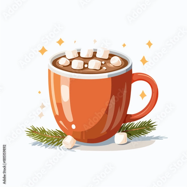 Fototapeta Cozy Hot Chocolate Mug with Marshmallows and Pine Branch Vector