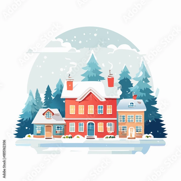 Fototapeta Cozy Winter Townscape in Flat Vector Style