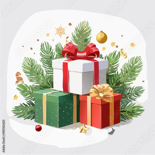 Fototapeta A Stack of Festive Christmas Gifts and Evergreen Branches