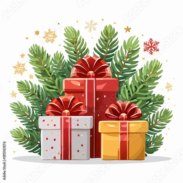 Fototapeta Stack of Festive Christmas Gifts and Pine Greenery