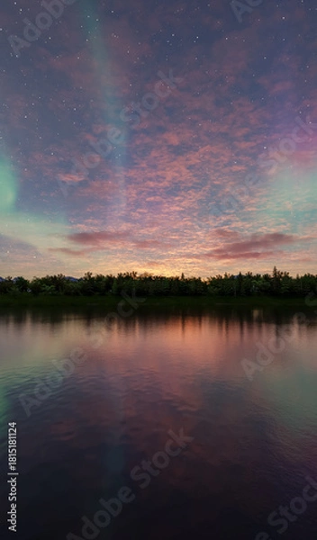 Fototapeta Aurora Over a Calm Lake at Sunset With Reflections and Starry Sky