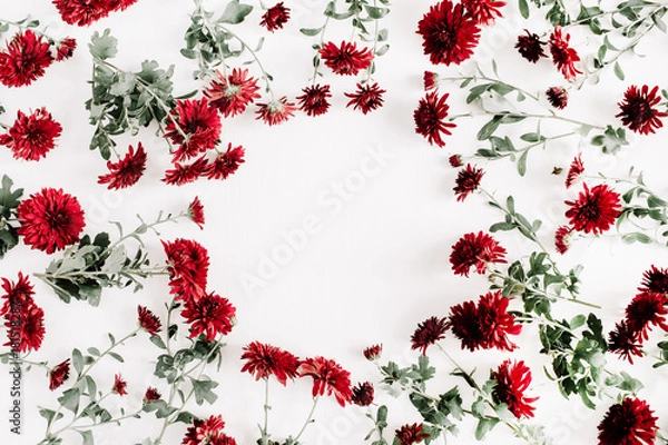 Fototapeta Floral frame of red flowers. Flat lay, top view. Valentine's background. Flowers concept.
