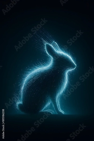 Fototapeta Abstract glowing blue rabbit silhouette made of light and energy