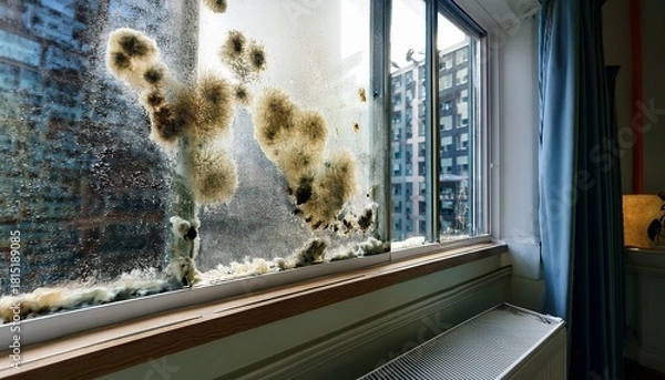 Fototapeta Mold On Window Apartment Toxic Mold Infestation Takes Hold Around Apartment Windows Dark Spore Clusters Fungal Network Expands Its Territory Across Vulnerable Building Materials