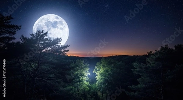 Fototapeta Mystical Full Moon Over Forest Landscape and Starry Sky at Twilight