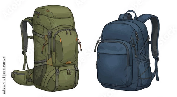 Obraz Illustration of two versatile backpacks a robust olive green hiking rucksack for outdoor adventures and a sleek navy blue daypack, ideal for everyday use or travel