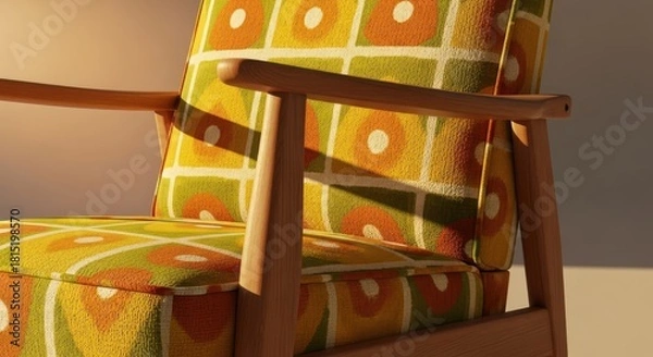 Fototapeta Retro upholstered chair with vibrant geometric pattern and wooden frame