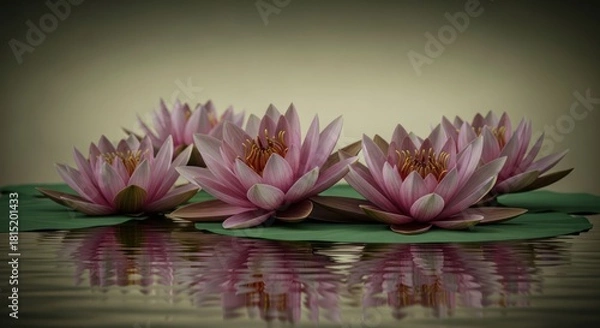 Fototapeta Serene water lilies with reflections in a calming and meditative setting