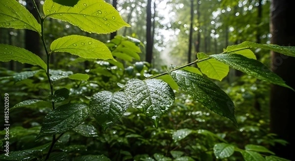 Obraz The leaves are vibrant and wet, with the background blurred, suggesting a humid or recently rained-on environment. Sunlight filters softly through the canopy, illuminating the moisture on the plants.