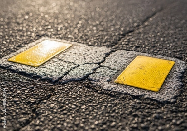 Fototapeta Close-up view of two yellow road markers embedded in cracked asphalt, showing wear and tear.