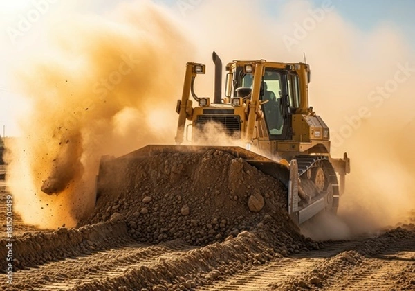 Obraz A yellow bulldozer pushing earth, creating a cloud of dust during construction work on a sunny day.