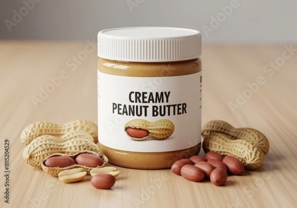 Obraz A jar of creamy peanut butter with peanuts in their shells and scattered on a wooden surface.