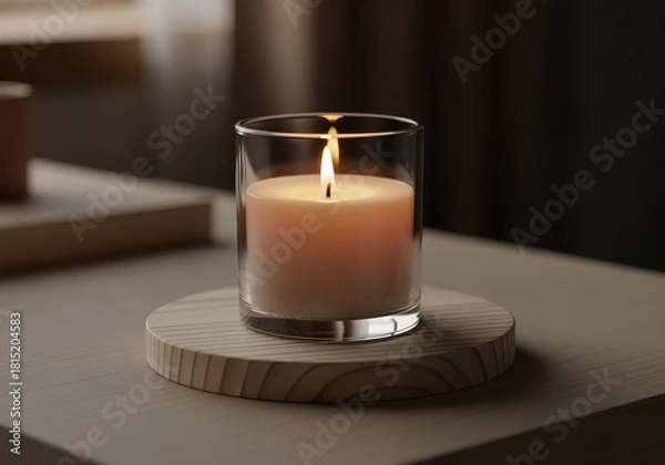 Fototapeta A lit candle in a clear glass holder sits on a wooden coaster, creating a warm ambiance.
