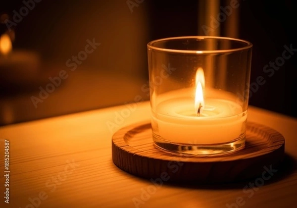 Fototapeta A lit candle in a glass holder on a wooden coaster, creating a warm ambiance.
