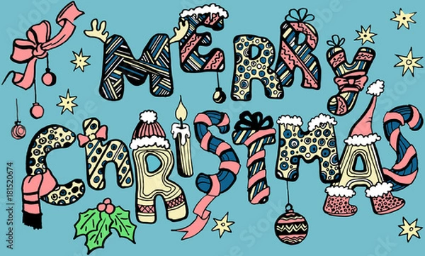 Fototapeta Hand drawn Merry Christmas font.