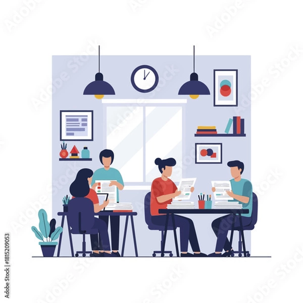 Fototapeta Diverse group of people collaborating and learning in a bright study room.