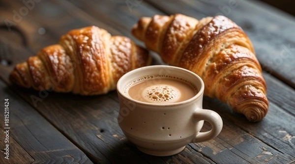 Fototapeta Fresh croissants served with coffee on a rustic table for a delightful breakfast