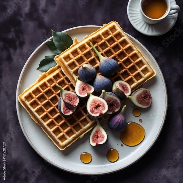 Fototapeta Delicious waffles served with fresh figs and honey for a perfect breakfast with coffee