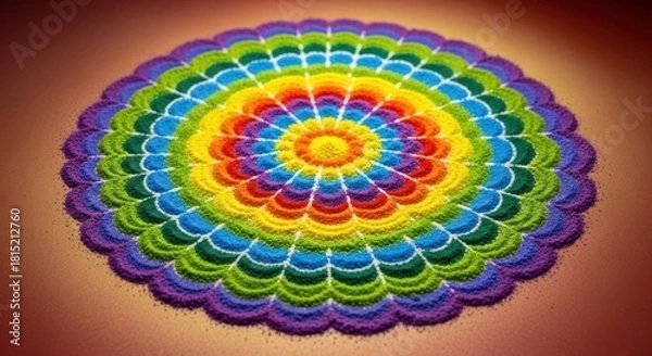 Fototapeta Vibrant concentric rainbow sand pattern art, symmetrical arrangement design