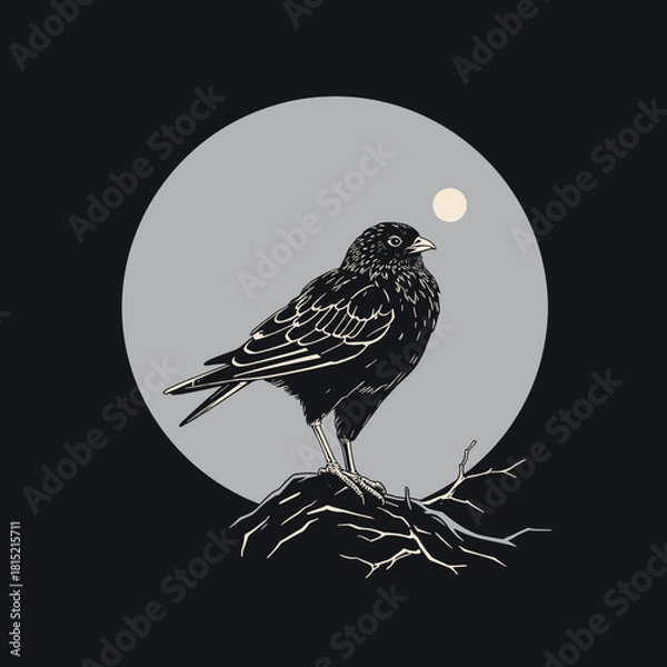 Fototapeta Predatory bird perched on a branch at night with a full moon backdrop