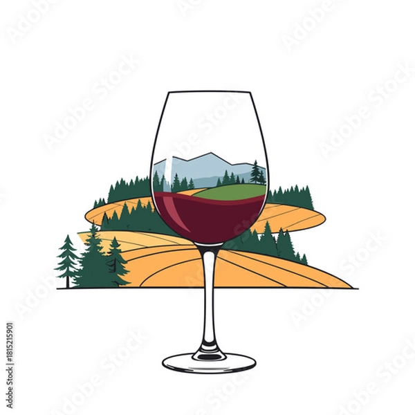 Fototapeta Wine glass with red wine against a valley landscape, representing vineyards and tranquility