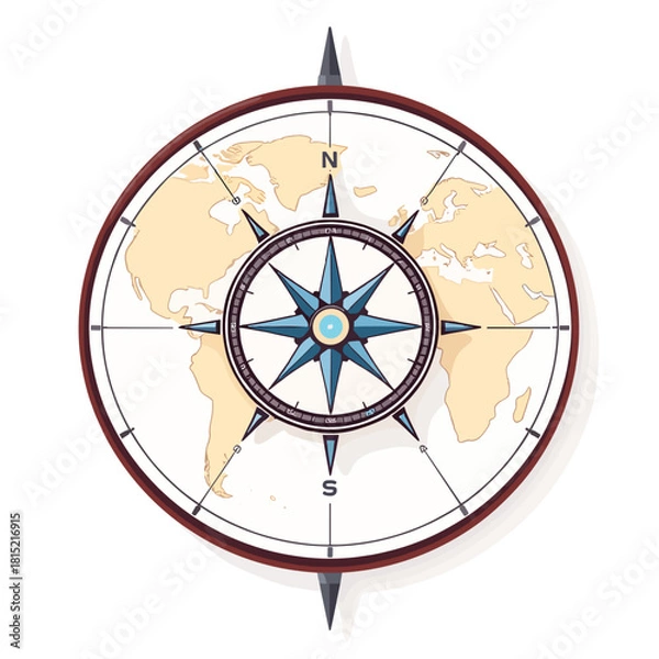 Fototapeta Compass with world map and geographic elements for navigation and exploration concept