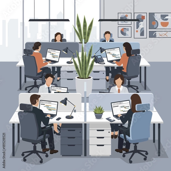 Fototapeta Office workers focused on their computers working together in a modern office.