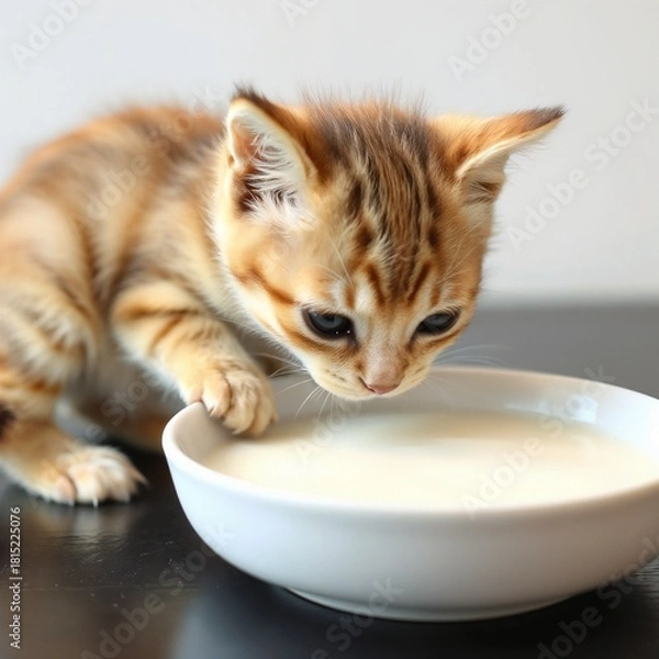 Fototapeta Curious kitten drinking milk from bowl, showcasing pet's feeding time and playful nature
