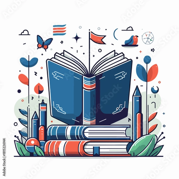 Fototapeta Open book surrounded by knowledge symbols and nature elements showcasing study and imagination