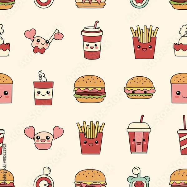 Fototapeta Cute Kawaii Fast Food Pattern with Burgers and Fries. Vector Illustrations. EPS Editable