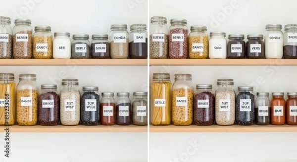 Fototapeta Neatly arranged jars of spices, grains, and dry ingredients on wooden shelves in a bright kitchen. The organized pantry display highlights minimalism, cleanliness, and sustainable 