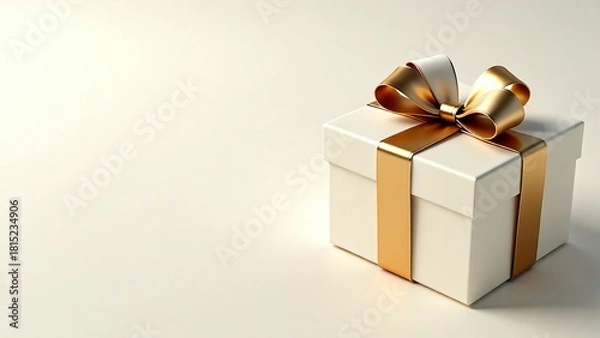 Fototapeta Elegant White Gift Box with Gold Ribbon and Bow on Cream Background A Symbol of Celebration and Giving