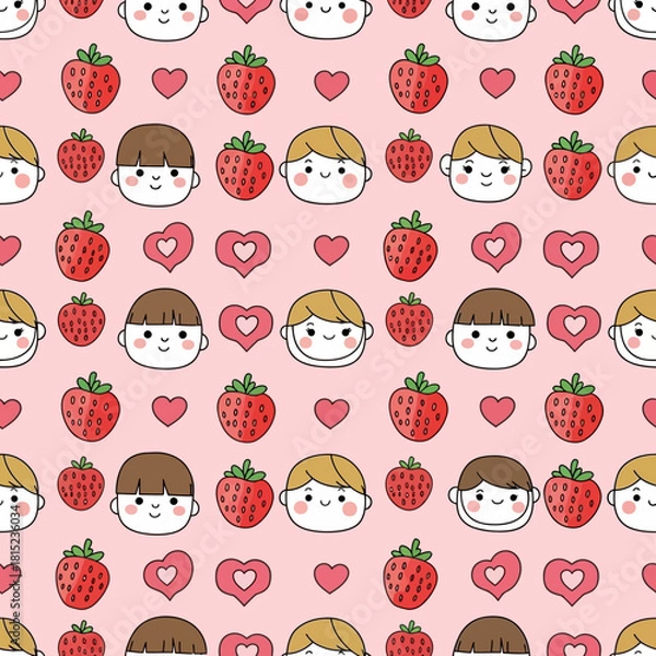 Fototapeta Cute Kawaii Strawberry Characters and Hearts Seamless Pattern. Vector Illustrations. EPS Editable