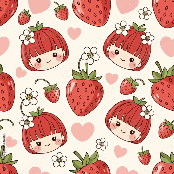 Fototapeta Cute Kawaii Strawberry Characters Seamless Pattern. Vector Illustrations. EPS Editable