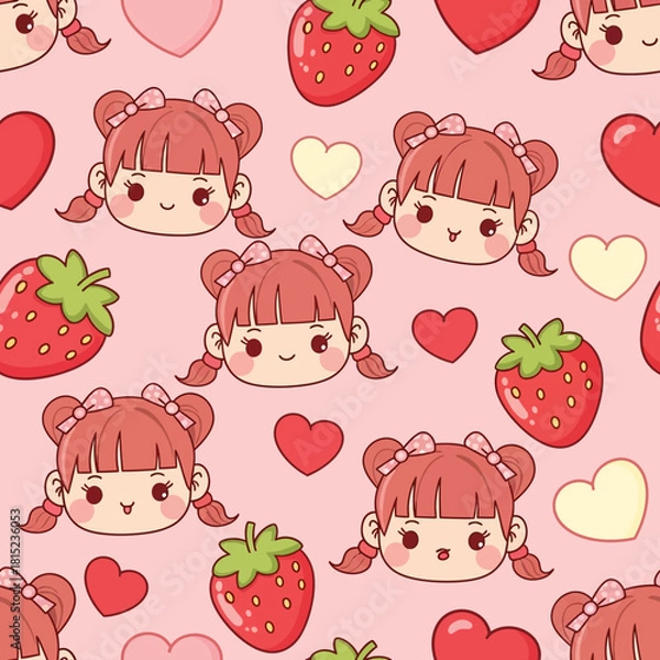 Fototapeta Cute Kawaii Strawberry Girl and Hearts Seamless Pattern Background. Vector Illustrations. EPS Editable