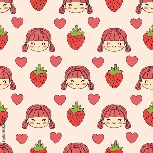 Fototapeta Cute Kawaii Strawberry Girl and Hearts Seamless Pattern. Vector Illustrations. EPS Editable