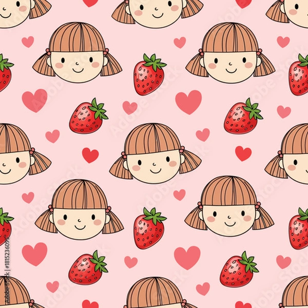 Fototapeta Cute Kawaii Strawberry Girl Faces and Hearts Seamless Pattern. Vector Illustrations. EPS Editable