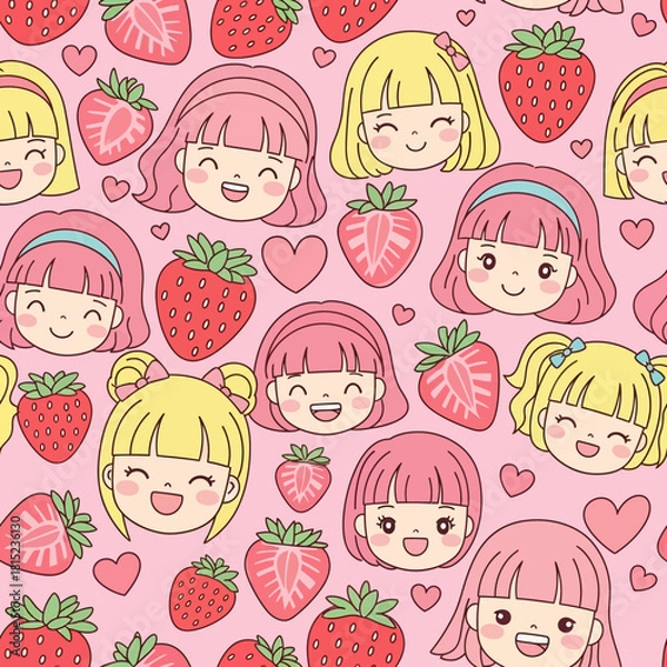 Fototapeta Cute Kawaii Strawberry Girls and Hearts Seamless Pattern 1. Vector Illustrations. EPS Editable