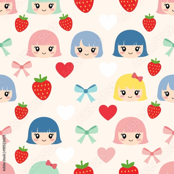 Fototapeta Cute Kawaii Strawberry Girls and Hearts Seamless Pattern 2. Vector Illustrations. EPS Editable